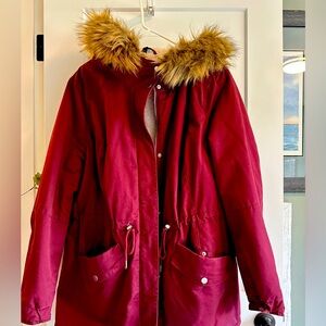 H&M Red and Gold Puffer Jacket with Fur Hood